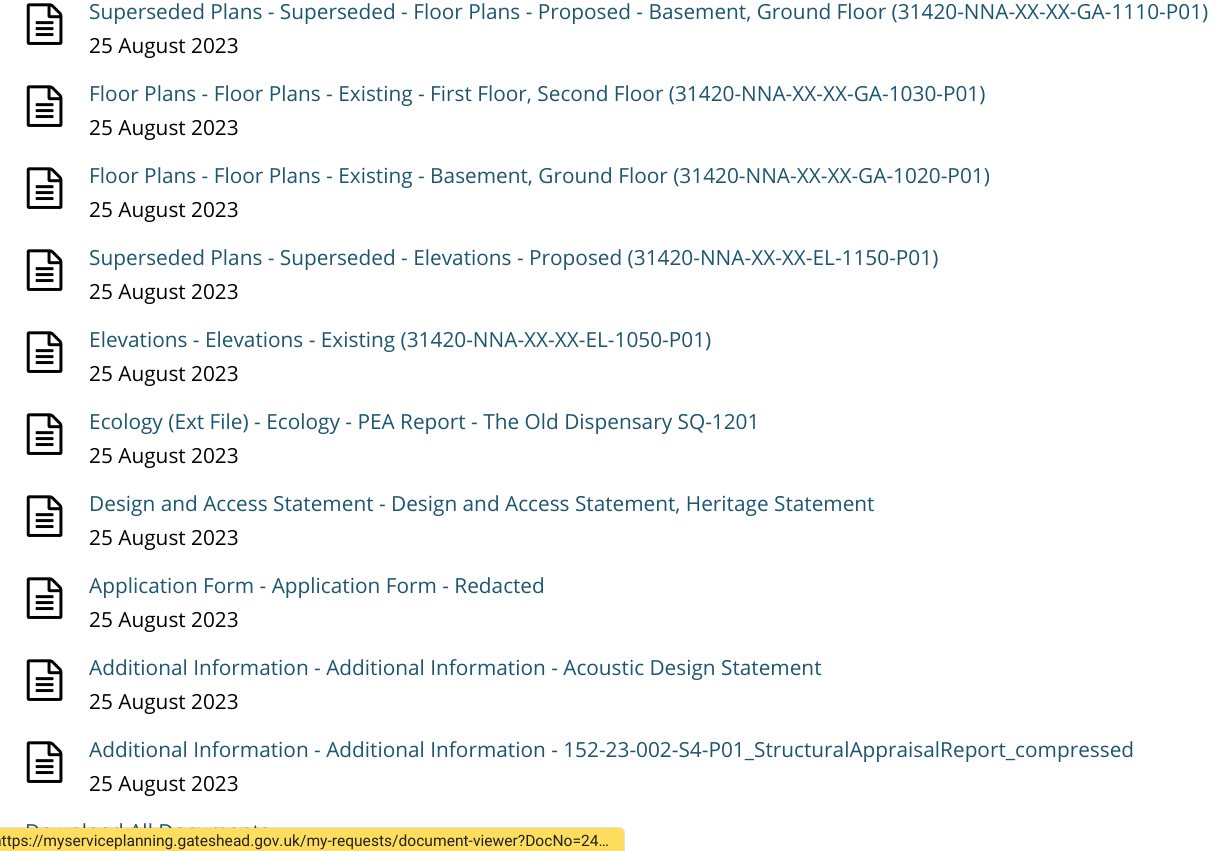 The document list for that same application. Superseded floor plans and elevations sit alongside the current ones, and further down are the reports that name the consultants used on the case, including an ecology report and a structural appraisal.