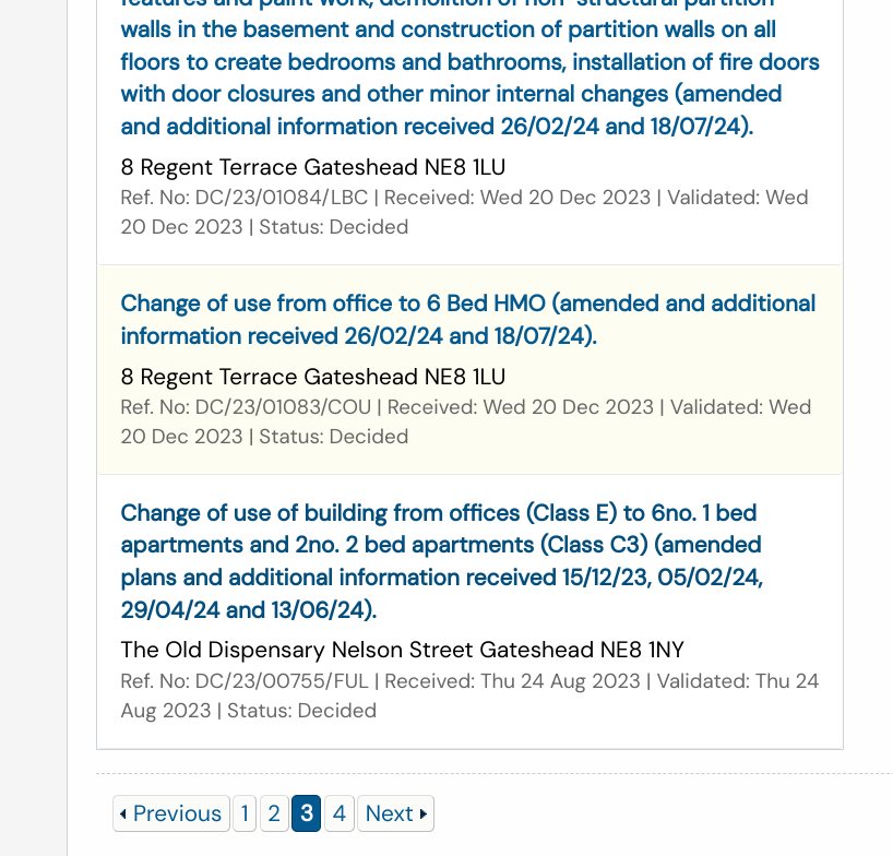 Search results on Gateshead Council's planning register. The bottom entry, a change of use of a former office building to flats at The Old Dispensary, is a decided application of the kind worth opening, and the note of amended plans arriving on four separate dates is already telling you something.