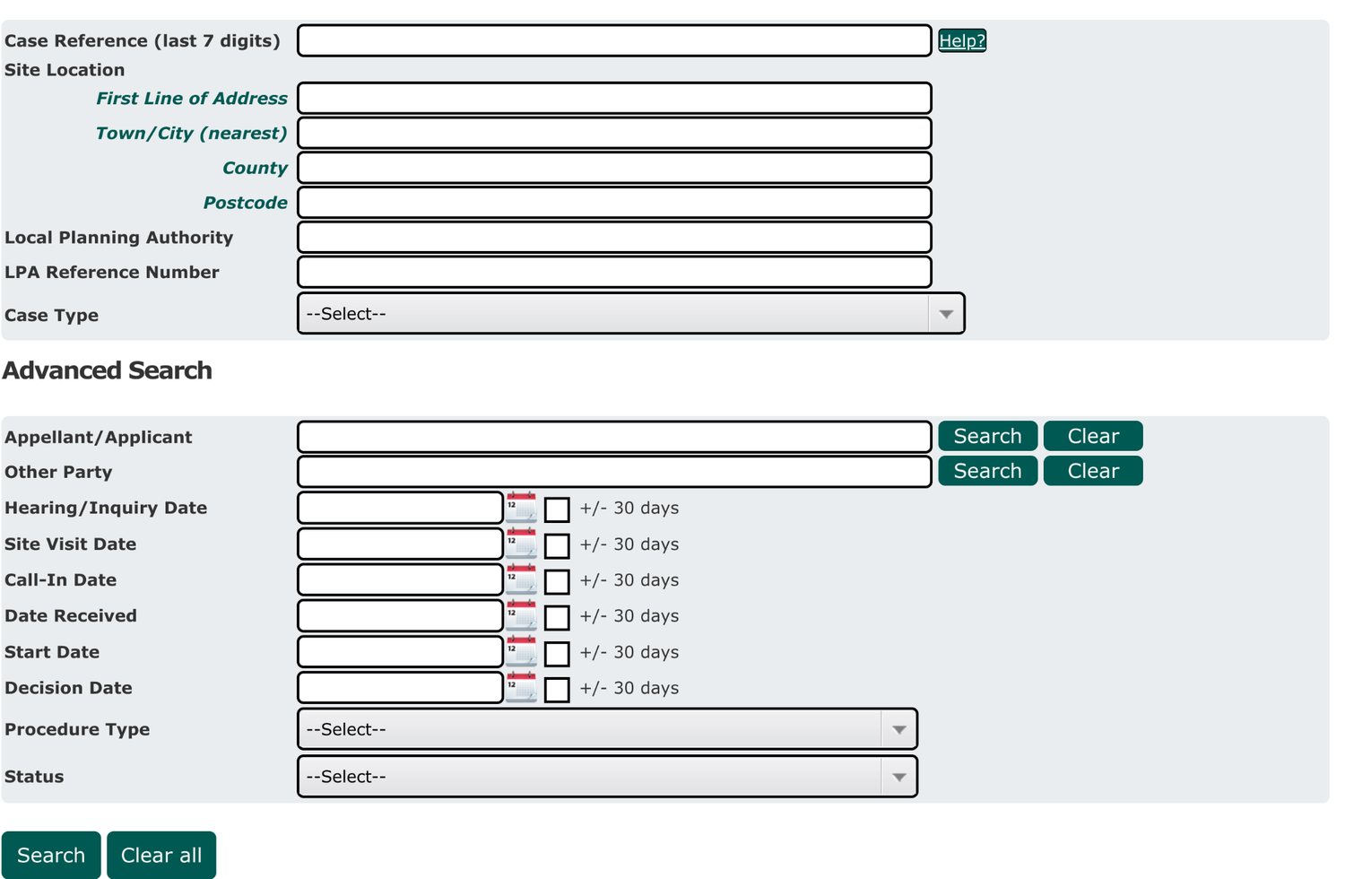 The advanced search form. Local Planning Authority and Case Type are the two fields that do most of the work, and there is no field anywhere for the description of the development.