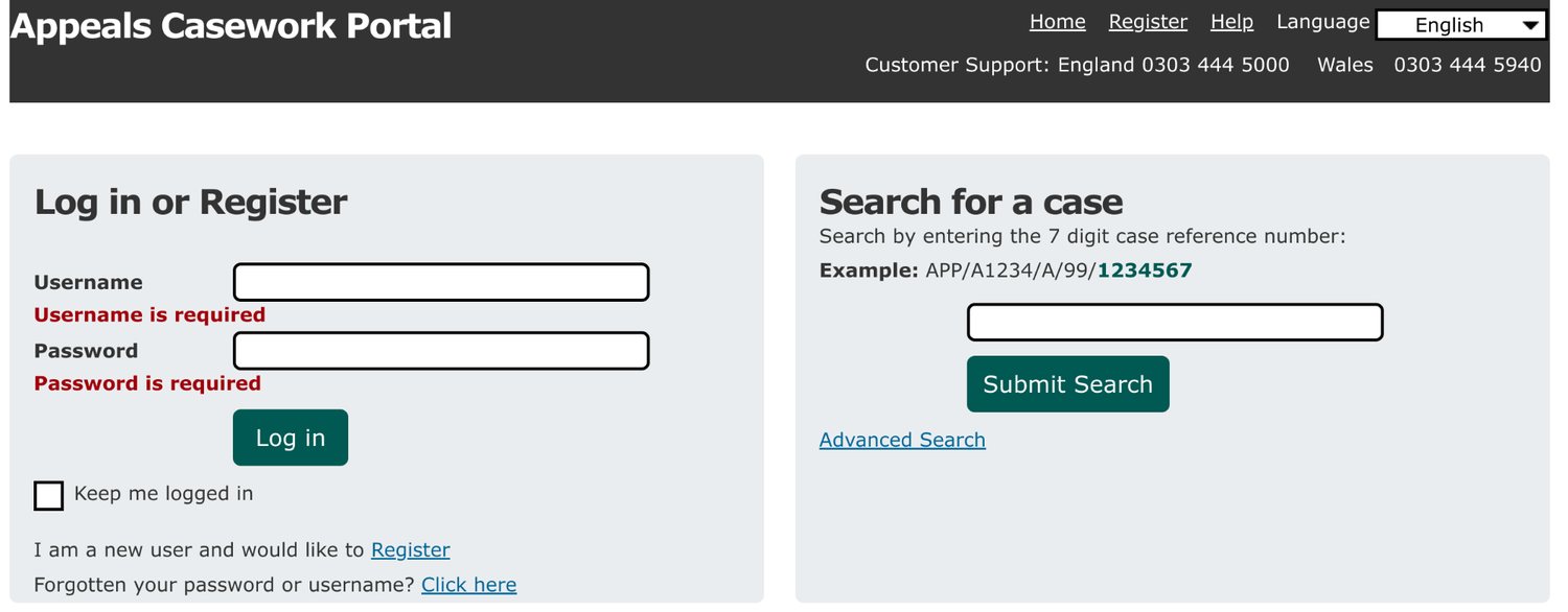The front page of the Appeals Casework Portal. The box on the right searches by the seven digit case reference number, with the link to the advanced search sitting underneath it.