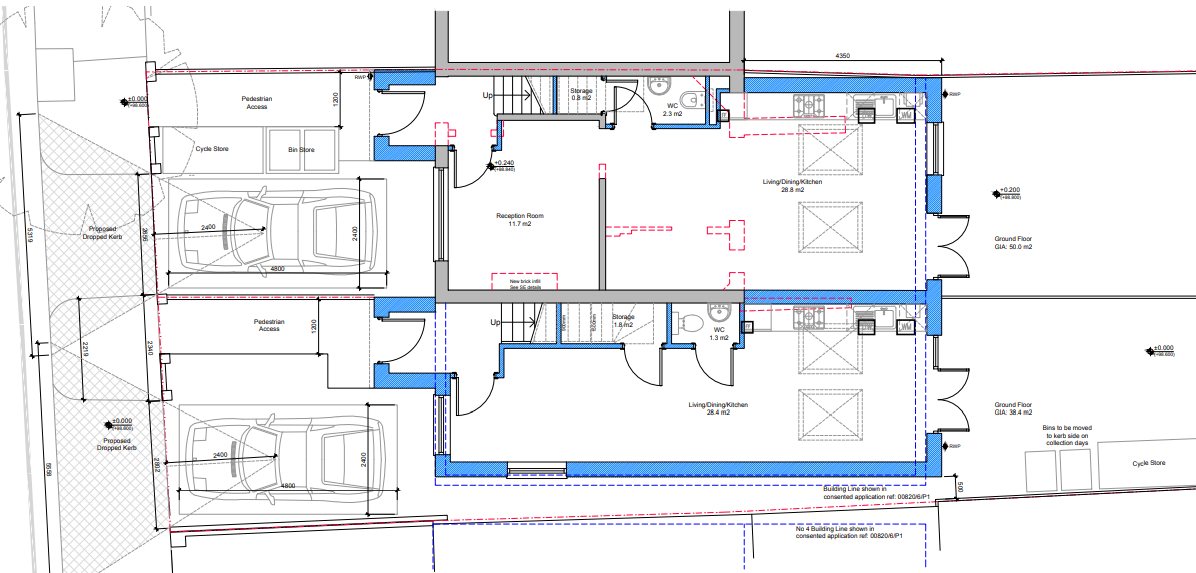 The same house set out on the real shape of the plot. The boundary on the left runs at an angle, so the building narrows from the front of the site to the back. The blue dashed lines are labelled as the building line from the application that already had permission.