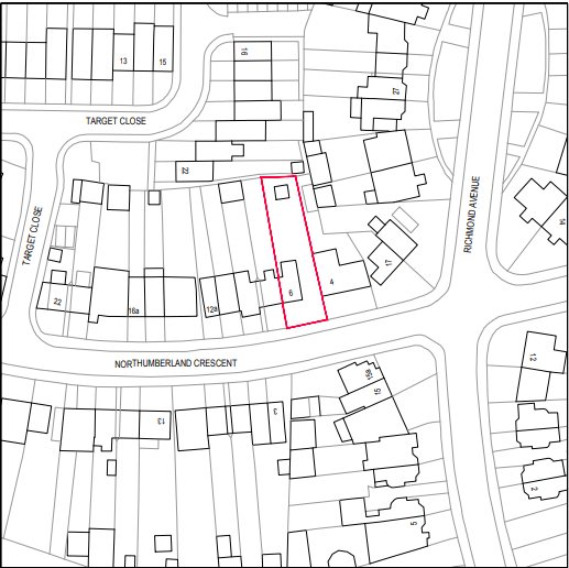 The site location plan, with the plot for the new house outlined in red on Northumberland Crescent. The plot is not the neat rectangle the drawings later assume it is.