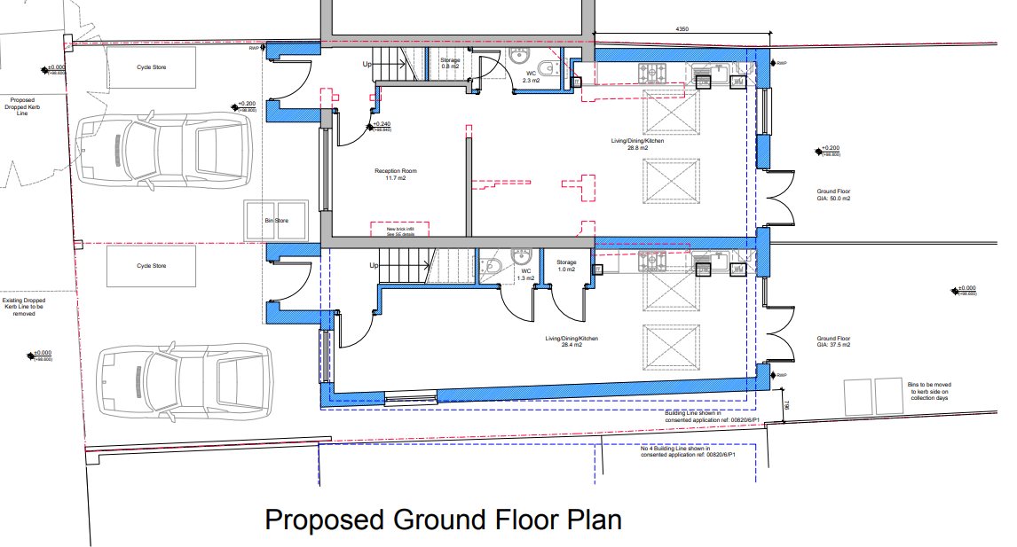 The proposed ground floor plan that was eventually granted permission. The house is set out to follow the real angled boundary rather than the rectangle assumed on the original drawings.