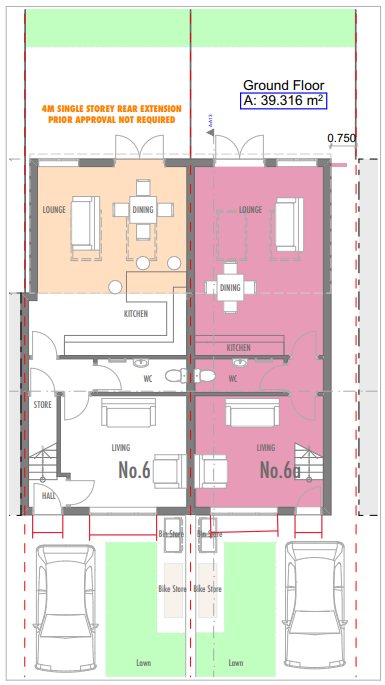 The approved ground floor plan for the new house, number 6a, next to the donor house at number 6. The plot is drawn as a perfect rectangle and the 0.750 metre gap to the boundary is marked on the right-hand side.