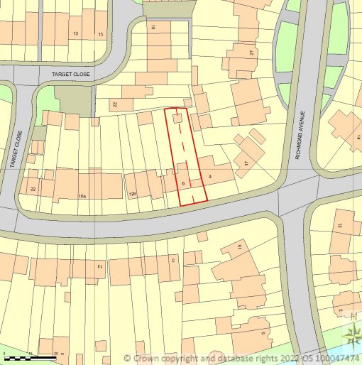 The site location plan. The red line runs round number 6 and the strip of land beside it where the garage stands, and you can see the garage strip is a little narrower than the plot of the house it belongs to.