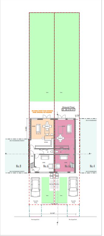 The site plan for the approved scheme, showing the whole plot from the road at the bottom to the end of the long rear gardens at the top. The plan carries two different dimensions across the width of the plot, 9.750 at one end and 9.147 at the other. That difference is the detail to hold on to.