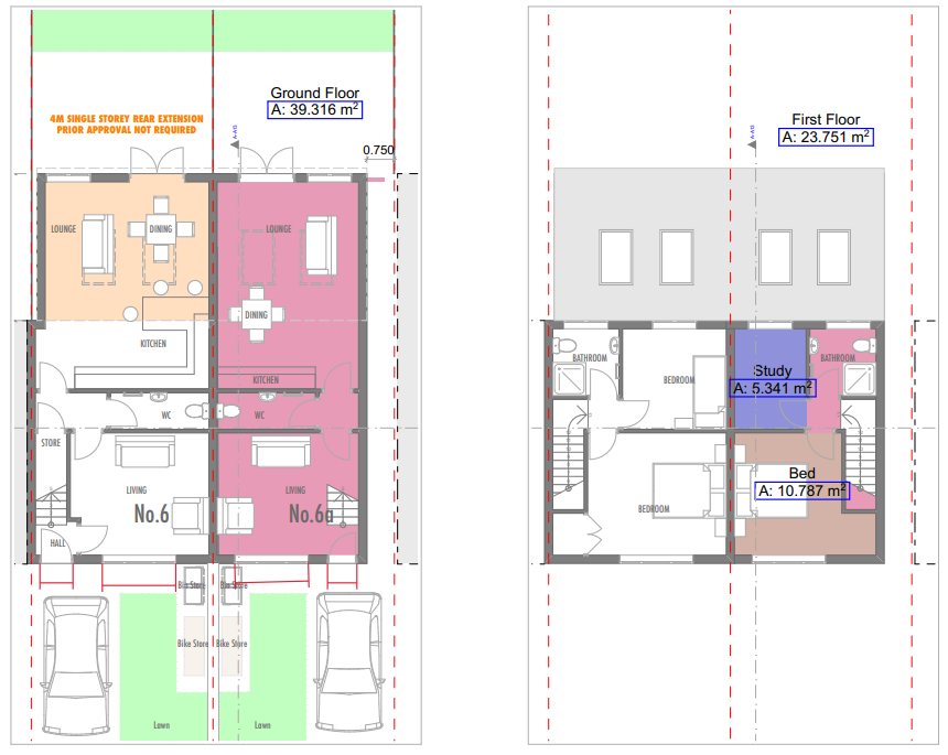 The approved drawings for the new house. On the ground floor the new unit, number 6a, sits alongside the existing house at number 6, with a gap of 0.750 metres to the boundary. The first floor holds the bedrooms, a study and the bathrooms.