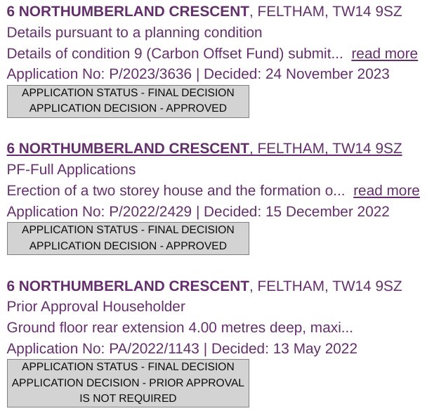 The three application records on the site, listed newest first: the discharge of a planning condition in November 2023, the approval of the two storey house in December 2022, and the prior approval check on the 4 metre deep rear extension in May 2022.