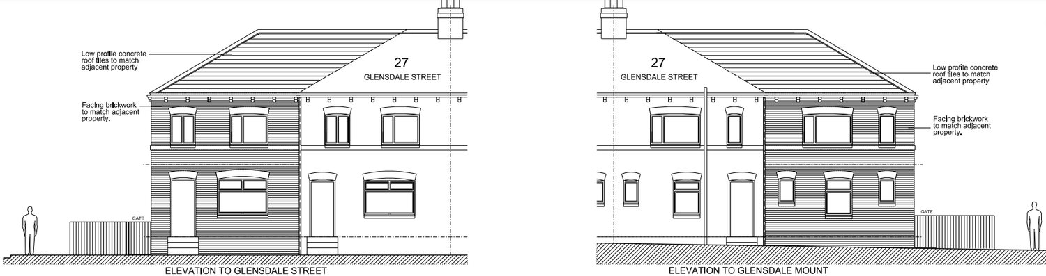 The two street elevations of the approved two bedroom house, one to Glensdale Street and one to Glensdale Mount. The drawings specify low profile concrete roof tiles and facing brickwork to match the adjacent property, so the new house reads as a continuation of the existing terrace rather than a building of its own.