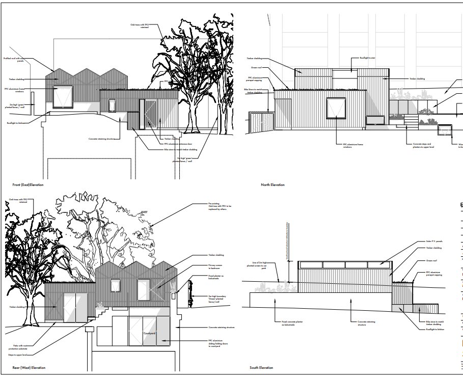 The elevations for the single house on the neighbouring plot at number 67. The building steps down the slope on two levels, is clad in timber with a green roof, and is drawn with the mature oak trees on the boundary retained.
