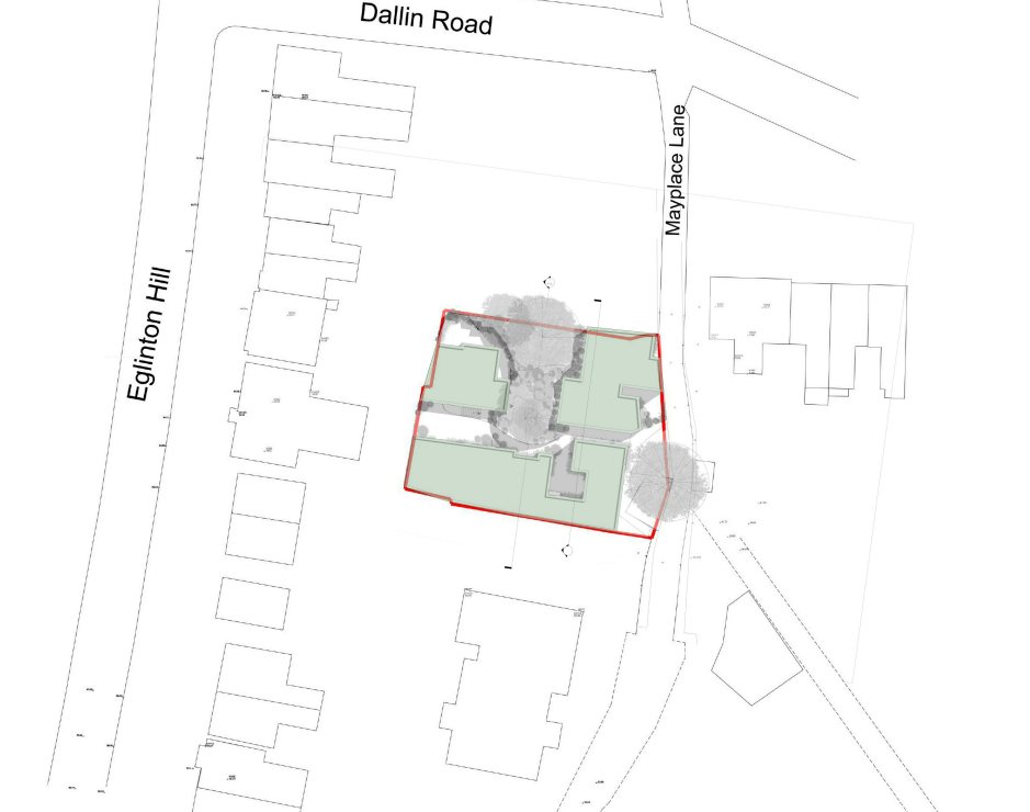The site plan for the joint scheme with number 67, showing two blocks of flats filling most of the land between Eglinton Hill and Mayplace Lane. Almost all of the existing tree cover and open ground is built on.