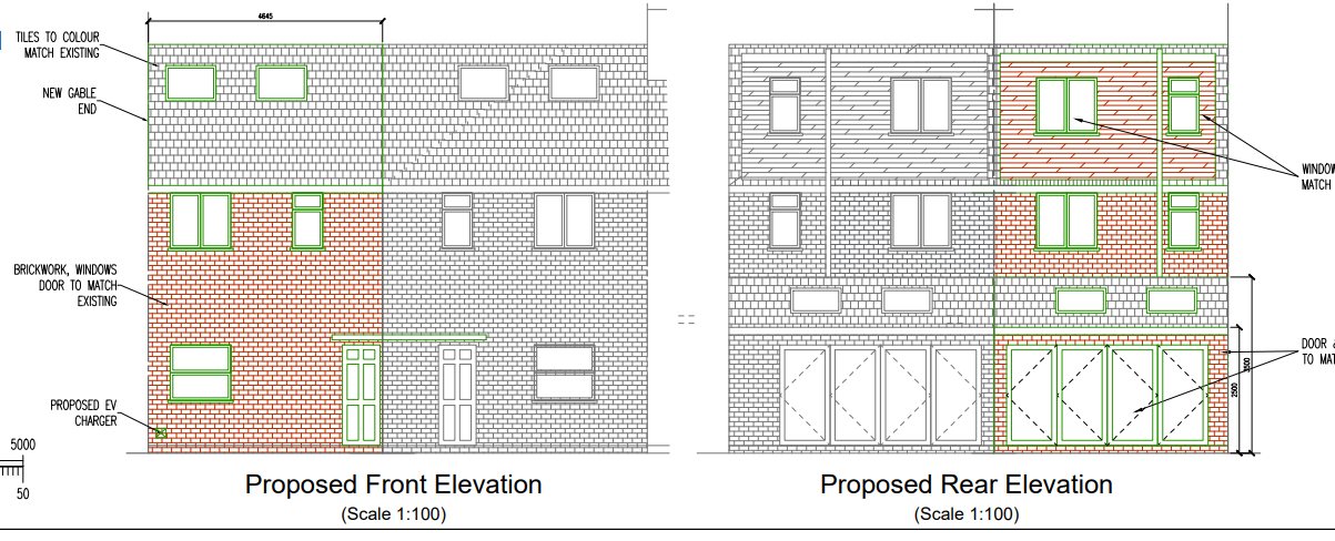 Front and rear elevations of the approved scheme. The new house is the coloured half on the left of the front elevation; the existing house sits alongside it in outline. Brickwork, windows and roof tiles are all noted to match, so the new unit reads as a continuation of the row rather than an addition to it.