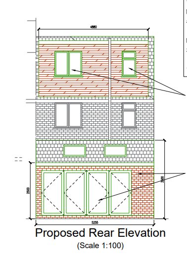 The same rear elevation as approved by the certificate of lawfulness. The new work is picked out in colour: the roof slope squared off into a gable with a rear dormer behind it, and a full-width single storey rear extension with folding doors. None of this needed planning permission.