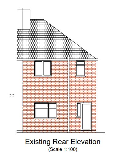 The rear of the existing house before any of the certificate work: a hipped roof sloping back from the ridge, and no rear extension at ground floor.