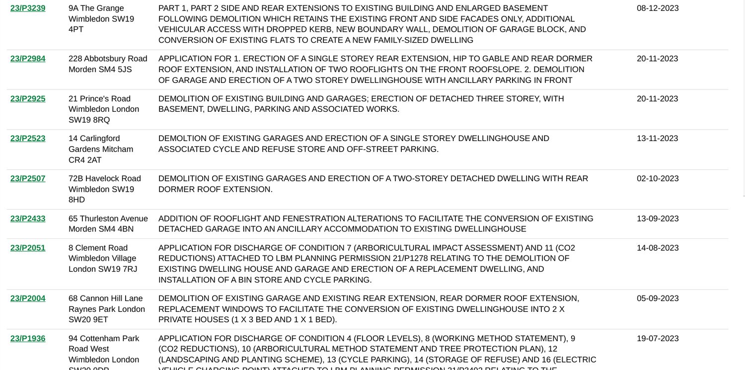 A page of results from the Council’s own application search, filtered on the words garage and dwelling. Every other line is a garage being demolished and a house going up in its place — including 228 Abbotsbury Road, the case we have just been through.