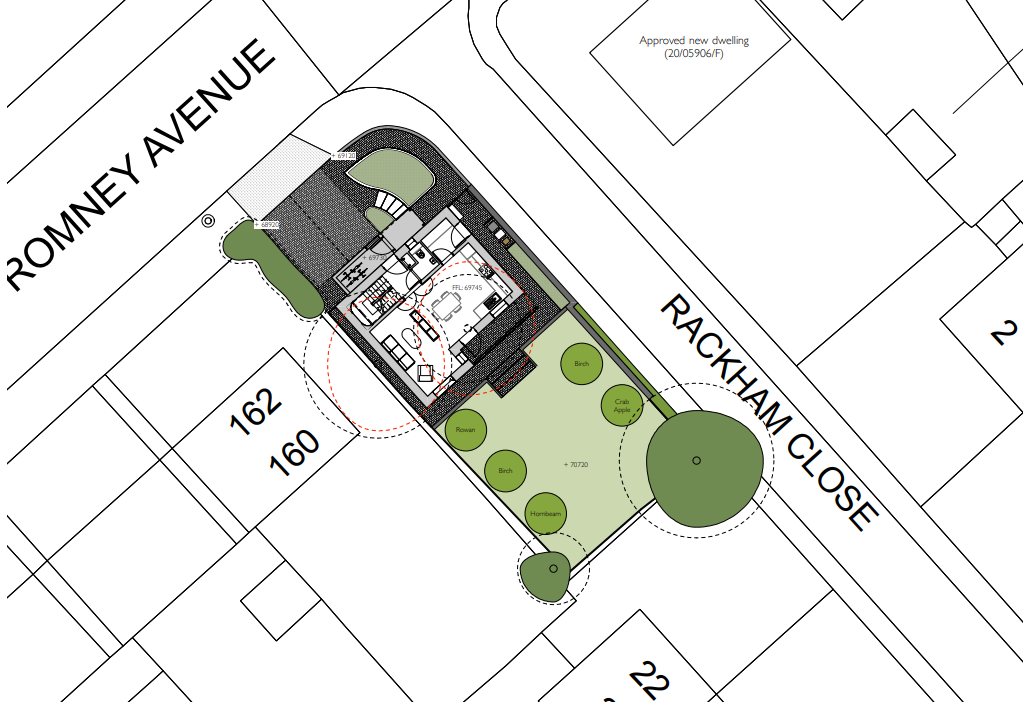 The site plan for the proposal, with the house pushed up to the Romney Avenue frontage and the garden and new tree planting running back towards Rackham Close. The plot opposite is marked