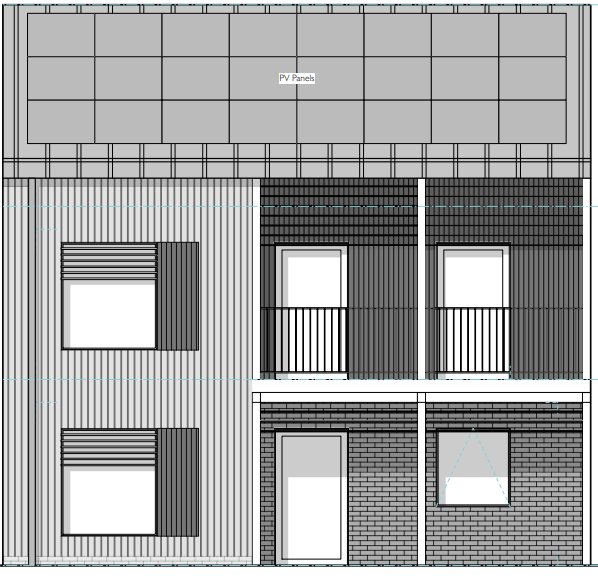 The rear elevation. The two recessed openings with railings at first floor level are the balcony, facing straight down the rear gardens of the neighbours. Solar panels sit on the roof above.