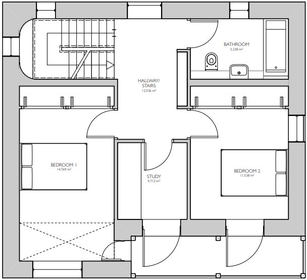 The first floor plan: two bedrooms, a study and a bathroom off a central hallway. The hatched area at the lower left, outside the bedroom, is the balcony that the application description never mentions.