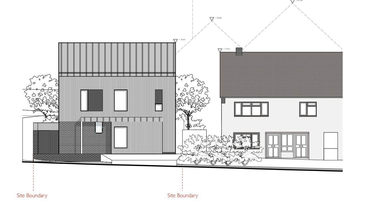 The proposed house on the left, drawn next to the existing neighbour on the right. It is three storeys where the neighbour is two, and it is clad in timber and contrasting brick rather than the render used along the street.