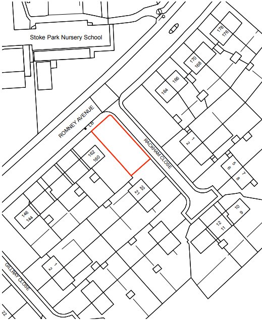 The site outlined in red: the last plot on the corner where Romney Avenue meets Rackham Close, at the end of the terrace that runs away to the left. The houses opposite, across Rackham Close, sit in an almost identical position.