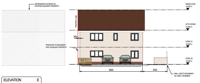 The approved elevation for the plot on the other side of Rackham Close. The new two storey, three bedroom house is set right up to the fence line with the adjoining property, with two parking spaces in front of it and the existing neighbour shown hatched to the left.