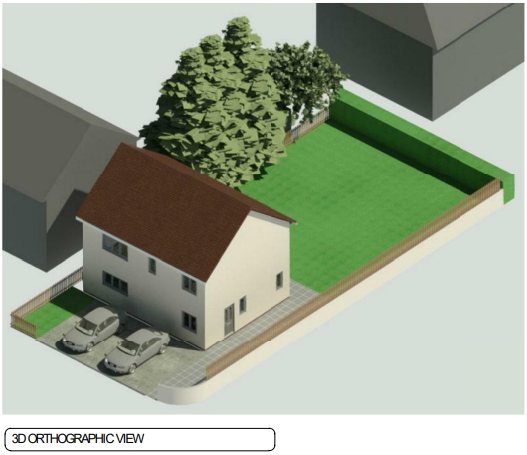 A three dimensional view of the same approved scheme. The house sits at the front of the plot with parking in front and the garden behind, matching the height and pitched roof form of the houses either side.