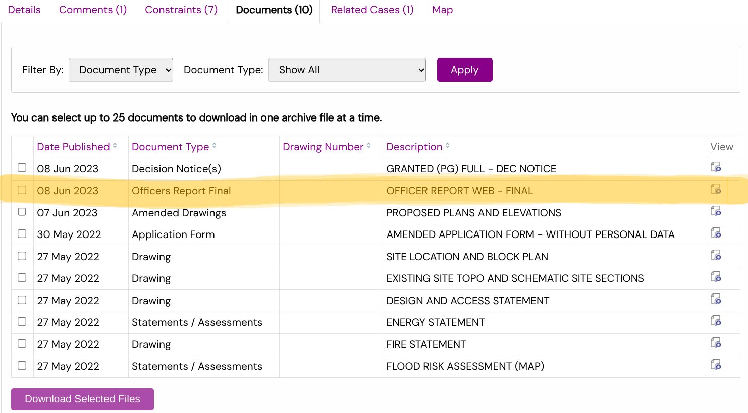The same documents tab we looked at before, this time with the officer's report highlighted. It sits directly beneath the decision notice, was published on the same day the decision was issued, and is free for anyone to open and read.