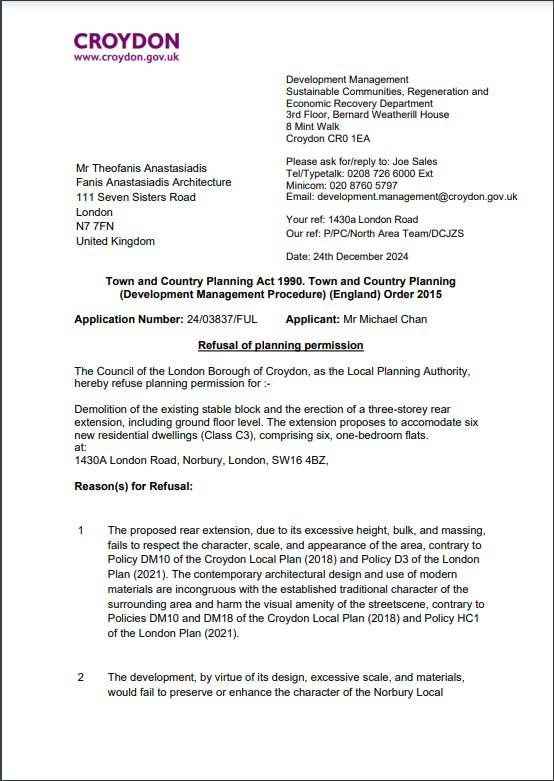 The first page of a refusal notice from the same council. There are no conditions. Instead the notice reads 'Reason(s) for Refusal' and each numbered reason spells out what the council objected to and which local and London-wide policies it says the scheme is contrary to.