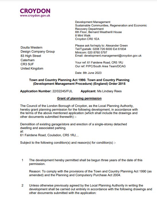 The first page of a granted decision notice. Under the description of development it reads 'Subject to the following condition(s) and reason(s) for condition(s)', and the numbered conditions start straight after: condition 1 is the standard three-year time limit, condition 2 ties the development to the approved drawings.