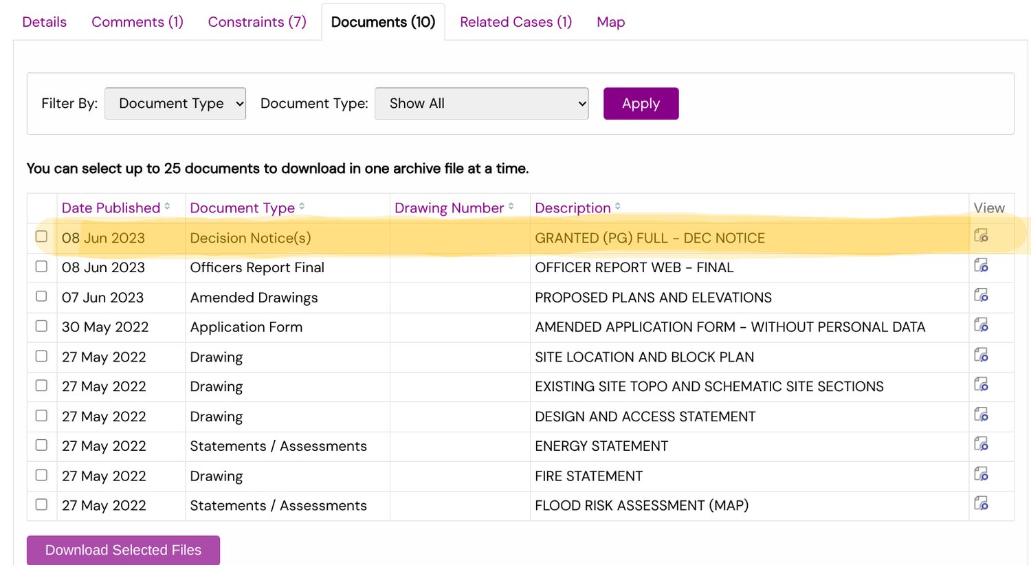 The documents tab of an approved application. The decision notice sits at the top of the list and is highlighted here — that is the one to open first. Everything else on the list, including the officer's report, the drawings and the supporting statements, stays published alongside it.