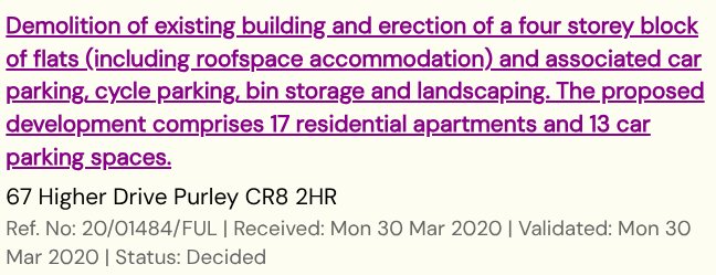 A result thrown up by a description keyword search. The description of development contains both keywords — demolition of an existing building and erection of a block of flats — and the result also gives you the site address, the application reference, the date it was received and the fact that it has been decided, all before you click into the record.