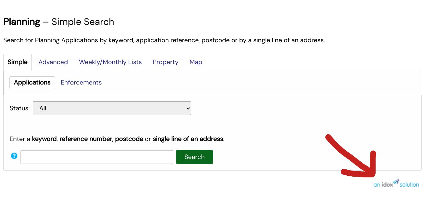 The opening page of a council planning search that runs on IDOX software. The red arrow points at the IDOX logo in the bottom right corner, which is how you tell which system your council uses. The tabs across the top — Simple, Advanced, Weekly/Monthly Lists, Property and Map — look the same on every IDOX council.