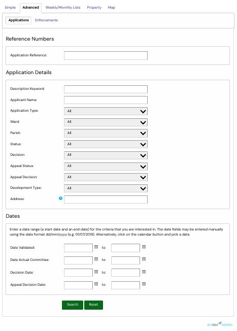 The Advanced search on the same system. Every one of these fields can be combined with the others — a description keyword together with an application type, a decision, an appeal decision and a date range — which is what the basic search cannot do.