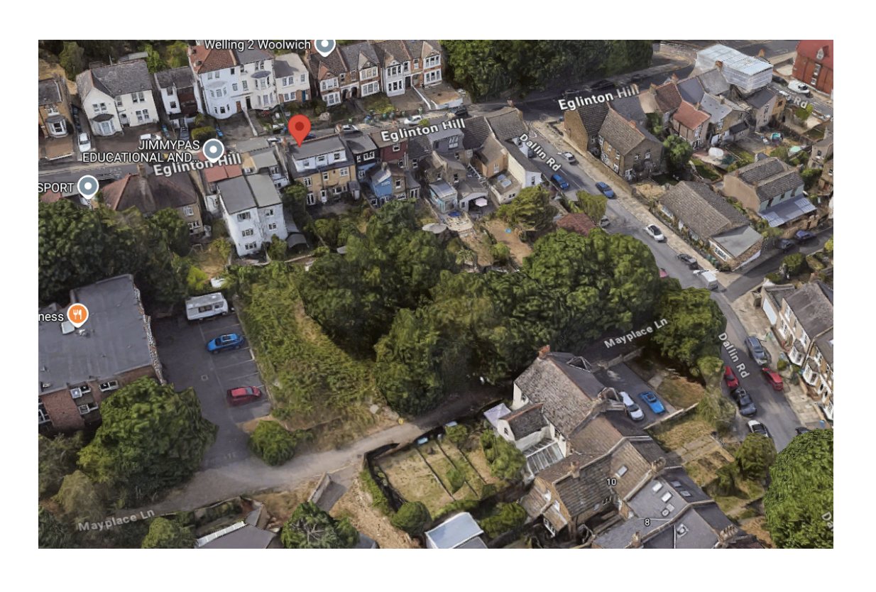 Land to the rear of 65 Eglinton Hill. The pin sits on the Eglinton Hill frontage; the site is the overgrown ground behind it, backing onto Mayplace Lane.