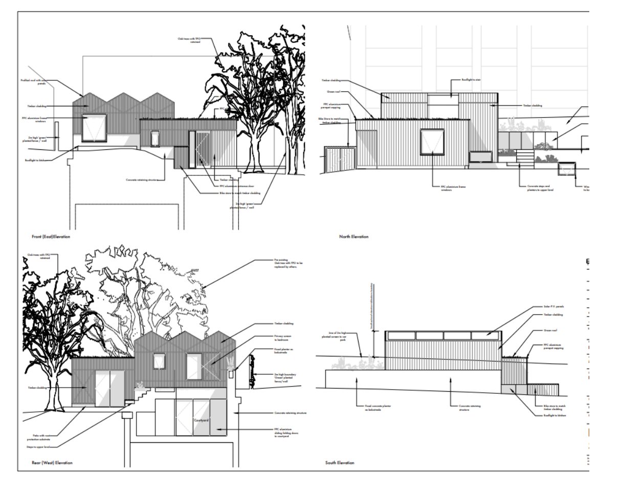 The neighbouring scheme, planning reference 20/1518/F, refused by the Council and then allowed at appeal. Timber cladding, a sawtooth roof and the protected oak tree kept. This is the design the officer later contrasts our site against.