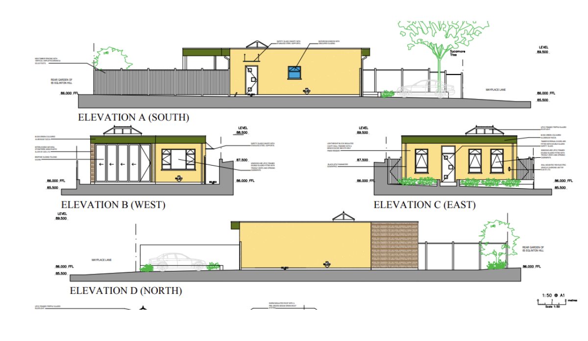 The refused scheme: a single-storey two-bedroom house shown in four elevations, A to D. The rear garden of 65 Eglinton Hill sits on one side and Mayplace Lane on the other.