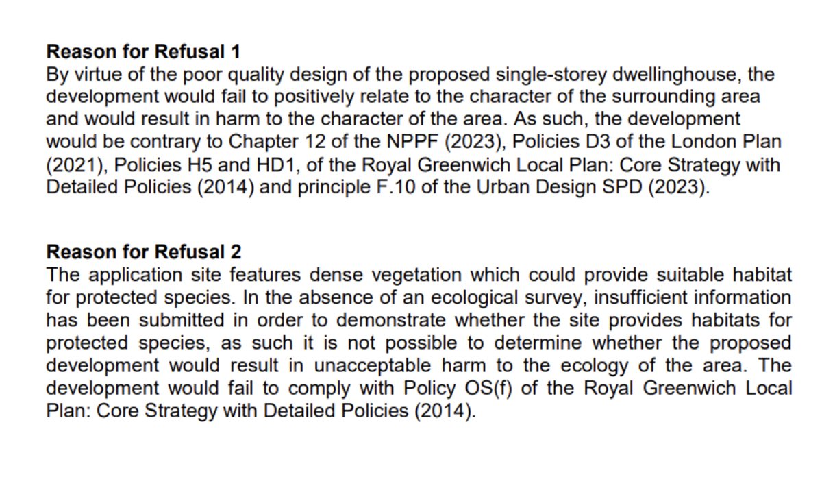 Both reasons for refusal in full. The first is about design and the character of the area. The second is only that no ecological survey was submitted, so the Council could not judge the effect on protected species.