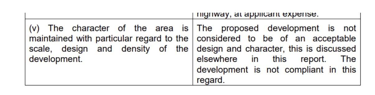 The officer working through the infill policy criterion on character, scale, design and density. The verdict is short: 'The development is not compliant in this regard.'