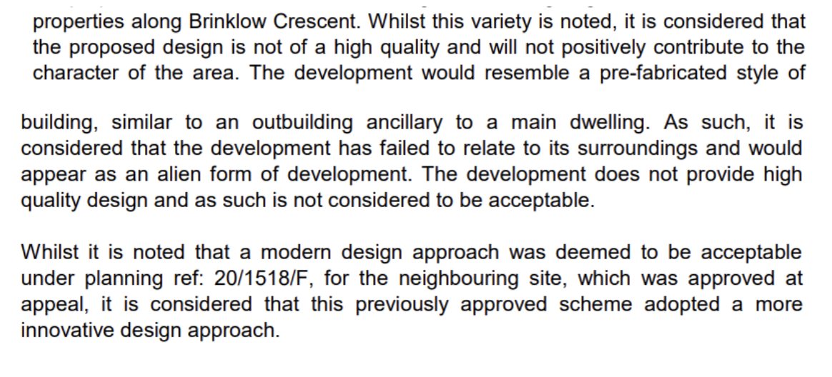 The design section of the report. The house is described as resembling a pre-fabricated style of building, similar to an outbuilding, and as an alien form of development — measured against the neighbouring scheme, reference 20/1518/F, which was approved at appeal.
