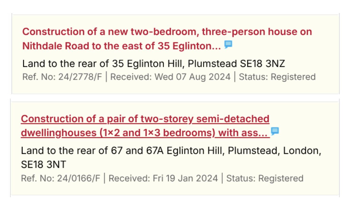 The two applications live at the time of writing: 24/2778/F on land to the rear of 35 Eglinton Hill, and 24/0166/F for a pair of two-storey semi-detached houses to the rear of 67 and 67A.