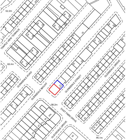 The site outlined in red at the end of the Glensdale Street terrace, with roads on three sides of it. The regular grid of terraced rows around it is what sets the character here.