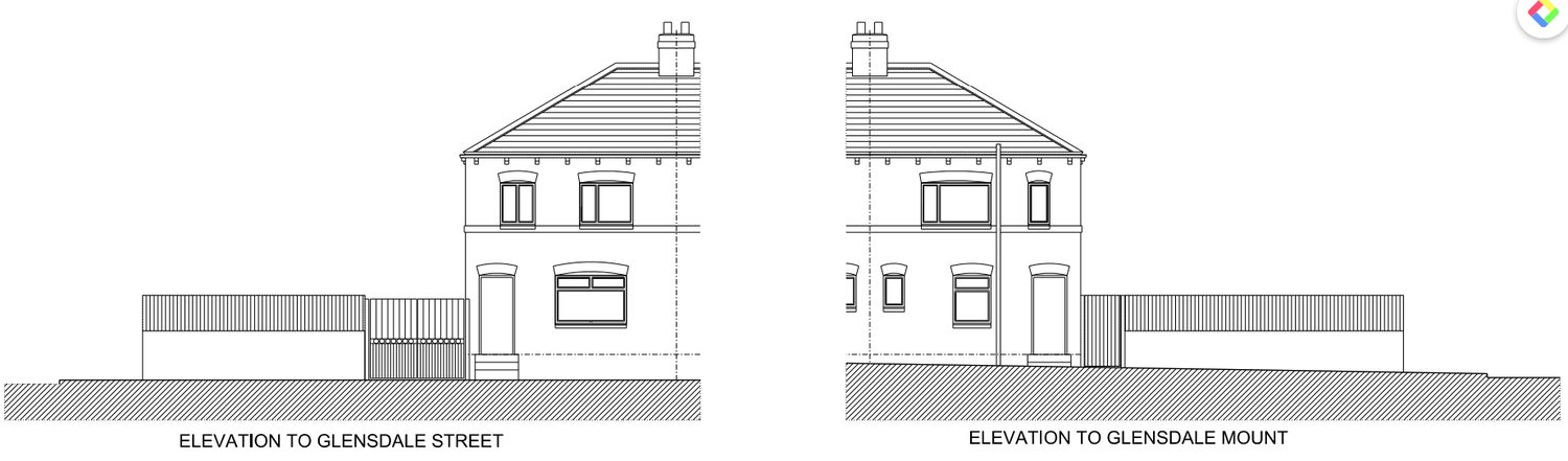 The existing pair of houses as built, drawn from Glensdale Street and from Glensdale Mount. The site is the open ground to the left of the fence.