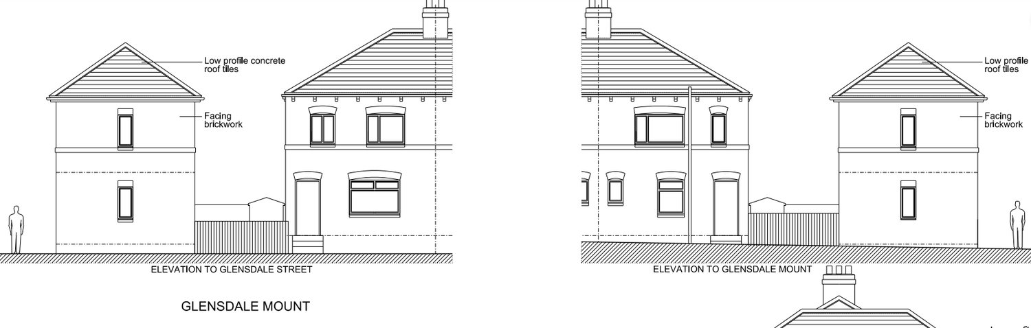 The proposal, drawn on the same two views. The new two-bedroom house stands detached from the existing pair, in facing brickwork with a low profile concrete tile roof.